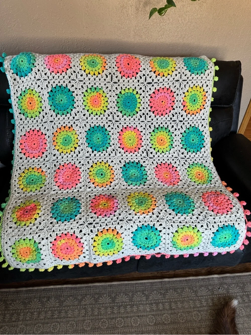 Handmade Crochet sunburst Granny Square Throw - Bright Rainbow Floral!